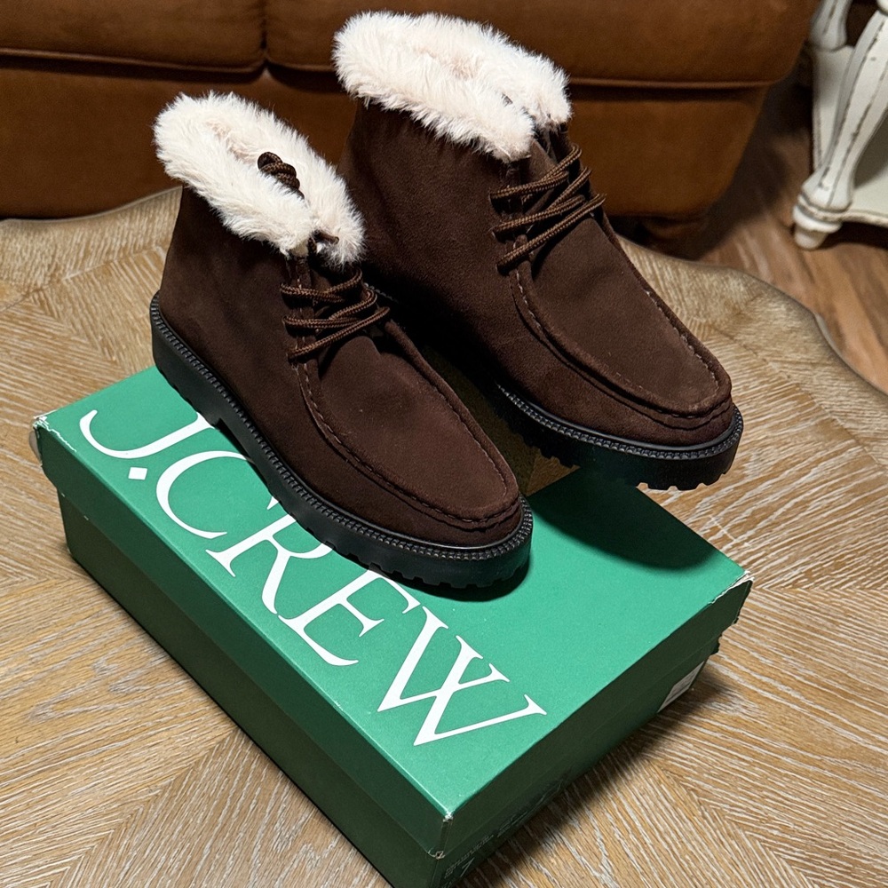 J. Crew Brown Suede Faux-Fur Collar Ankle Boots